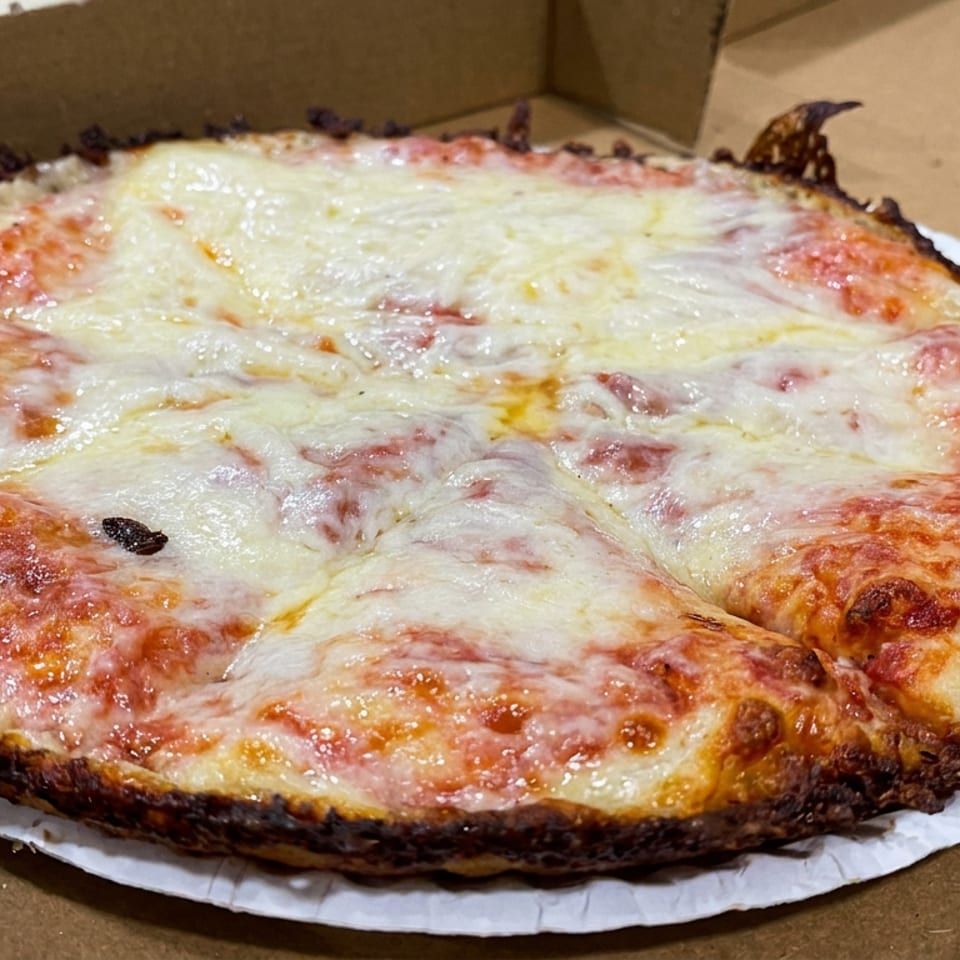 Pizza grande de queso con salsa de tomate dentro de una caja de cartón.