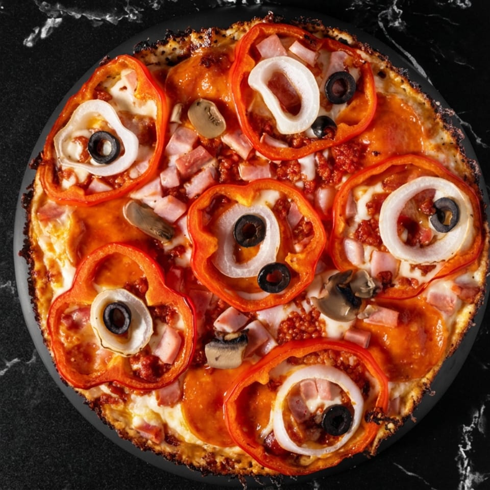 Pizza mixta con pepperoni, jamón, champiñones, pimientos, cebolla y aceitunas negras.