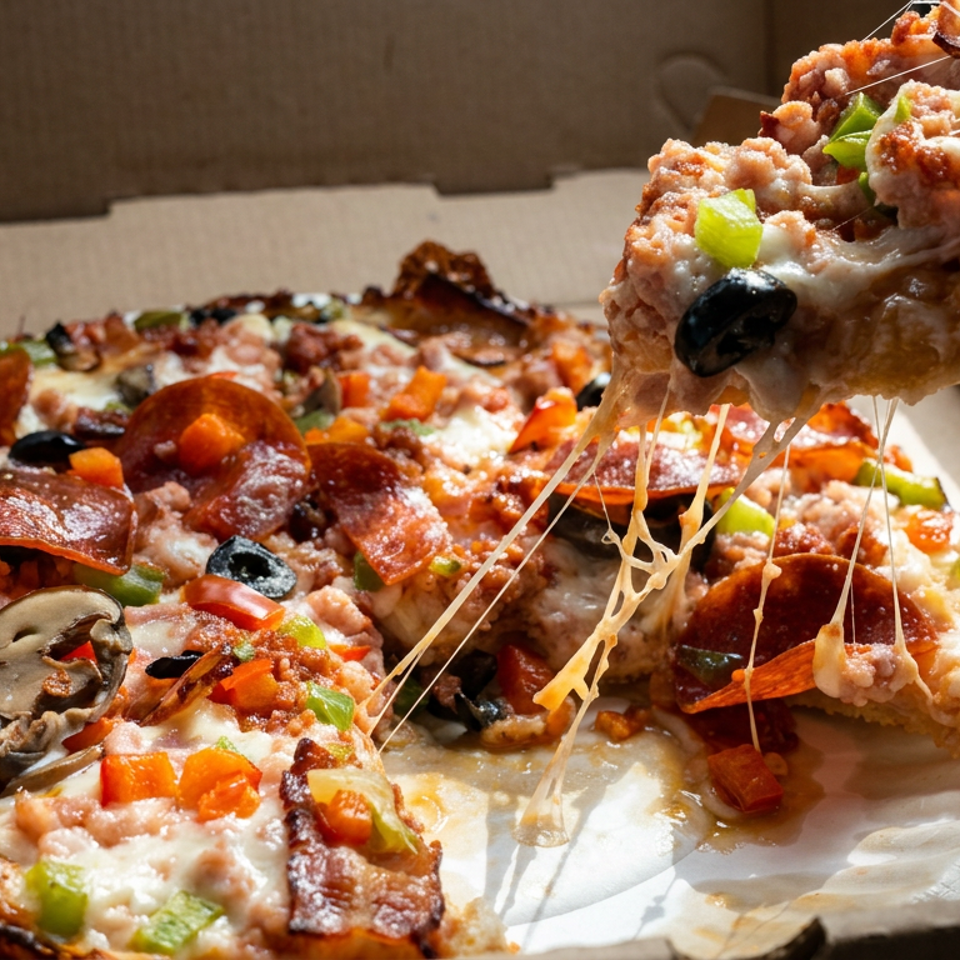 Pizza con pepperoni, chorizo, champiñones, aceitunas, pimientos y queso fundido.