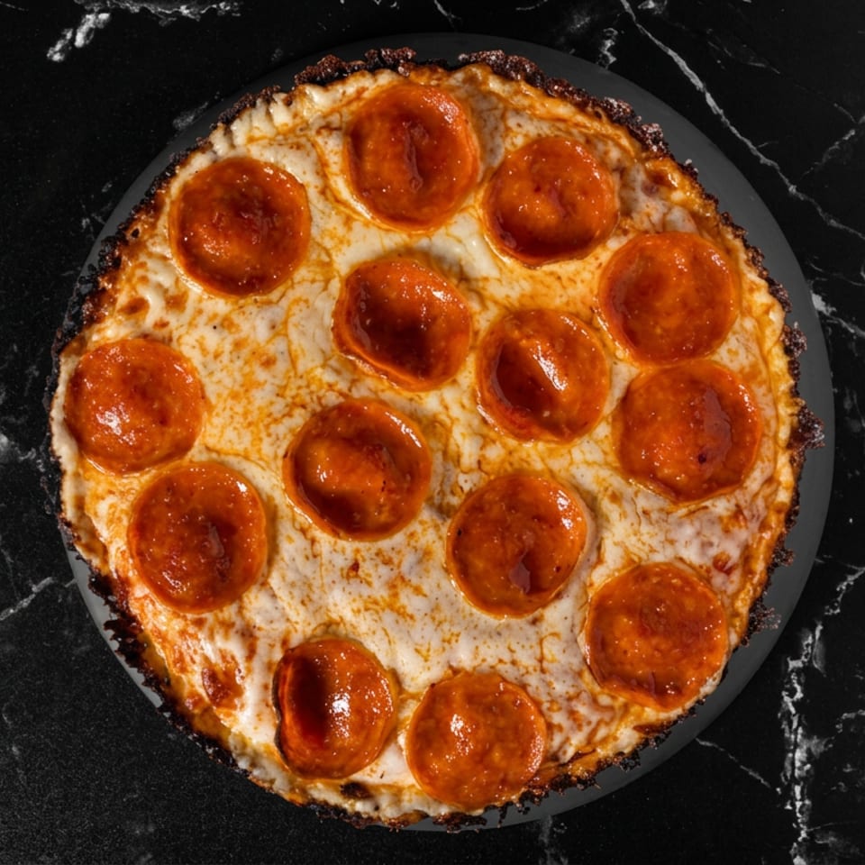 Pizza de pepperoni con queso fundido y borde dorado sobre mármol negro.