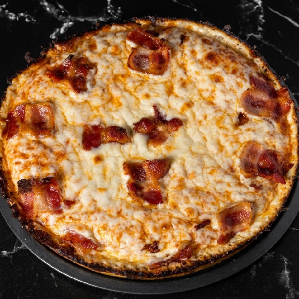 Pizza de queso con trozos de tocino sobre un plato negro.