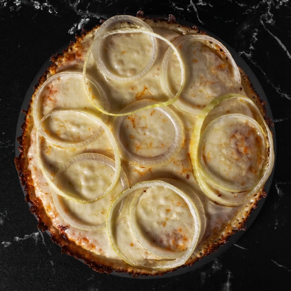 Pizza de queso y cebolla sobre mármol negro.