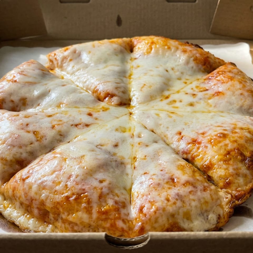 Pizza redonda de queso cortada en porciones dentro de una caja abierta.
